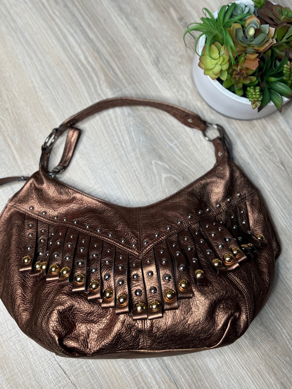 b. makowsky Metallic Copper Studded Shoulder Bag